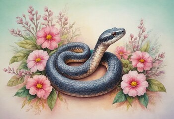 A snake rests coiled amidst pink flowers and greenery with a serene, artistic backdrop.