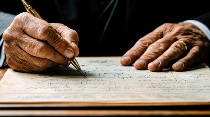 Elderly hands writing with a fountain pen on antique paper.