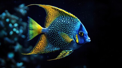 Vibrant Blue and Yellow Fish in Dark Aquatic Setting A Stunning Underwater Closeup of a Tropical Fish with Striking Colors and Patterns