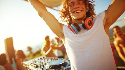 Happy young DJ at outdoor music festival, arms raised, smiling.
