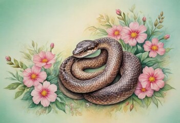 A snake rests coiled amidst pink flowers and greenery with a serene, artistic backdrop.