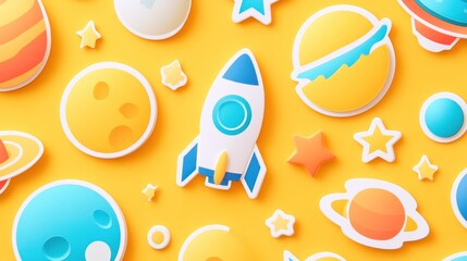 Colorful paper cut-out rocket, planets, stars on yellow background.