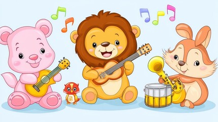 Fototapeta premium Cute cartoon animals playing musical instruments.