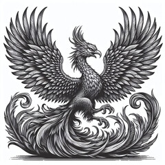 Obraz premium Majestic mythical phoenix bird with elaborate feathers, strong talons, and powerful wings in retro engraving style sketch. Scratch board. Black and white image. Generative AI.