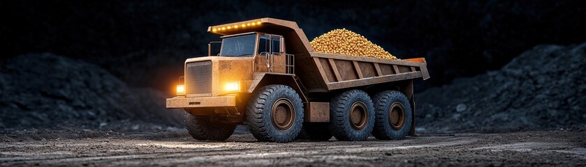 Obraz premium Heavy dump truck loaded with golden material in a mining environment under dramatic lighting