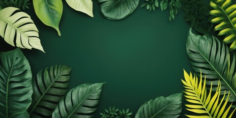 Lush green tropical leaf border surrounds a dark green empty background. Ideal for nature themes, presentations, and product backgrounds.