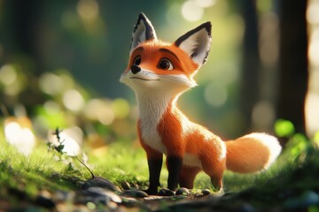 a cartoon fox standing in a forest.