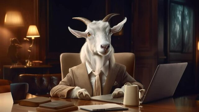 White goat wearing business suit sits at its desk in office with laptop