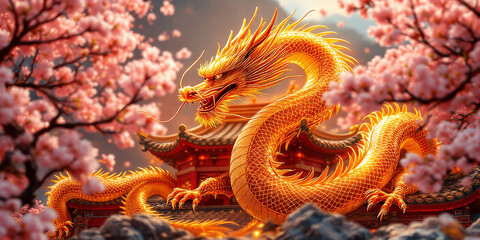Fototapeta premium Golden Dragon Majestically Perched Amidst Blooming Cherry Blossoms