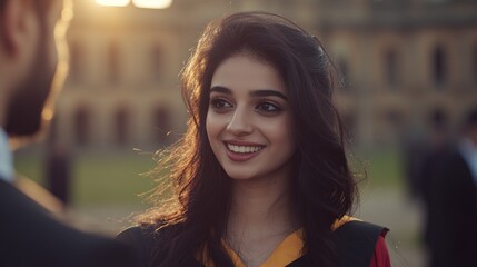 Obraz premium Happy graduate woman smiles at man, outdoors, sunset.