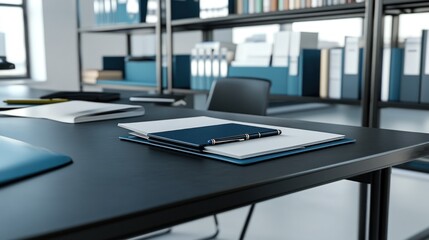 Fototapeta premium Modern office desk with documents, pen, and folders.