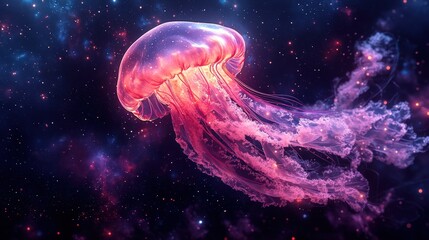 Fototapeta premium Pink jellyfish floats in a cosmic nebula, glowing tentacles, vibrant colors, starry background.