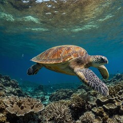 Obraz premium A Green sea turtle, Chelonia mydas, swims over a coral reef in Komodo National Park, Indonesia. This beautiful reptile is an endangered species.