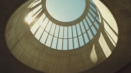 Circular skylight in concrete building, sunlight streaming through.