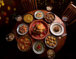 A traditional Ukrainian Christmas Eve table set with twelve different dishes representing the twelve apostles.