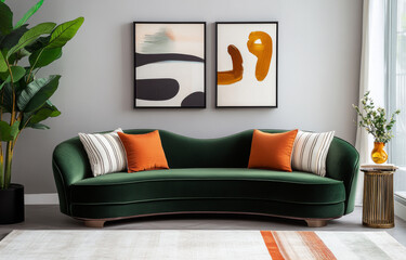 Elegant green sofa with orange pillows in modern living room