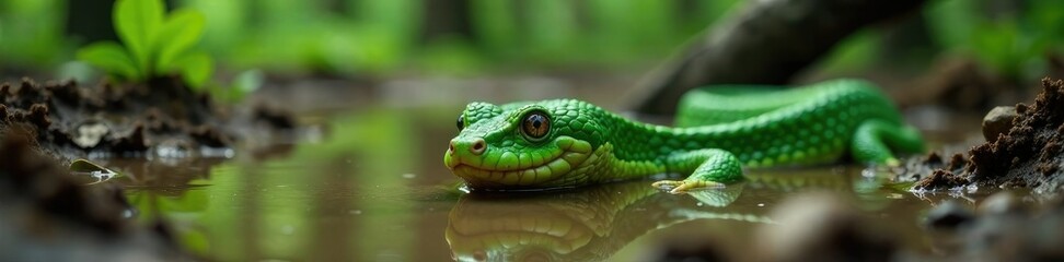 Slithery green creature crawling through a muddy swamp, slimy, forest, mud