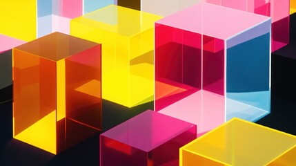 Colorful translucent glass cubes arranged in an abstract pattern on a dark surface.