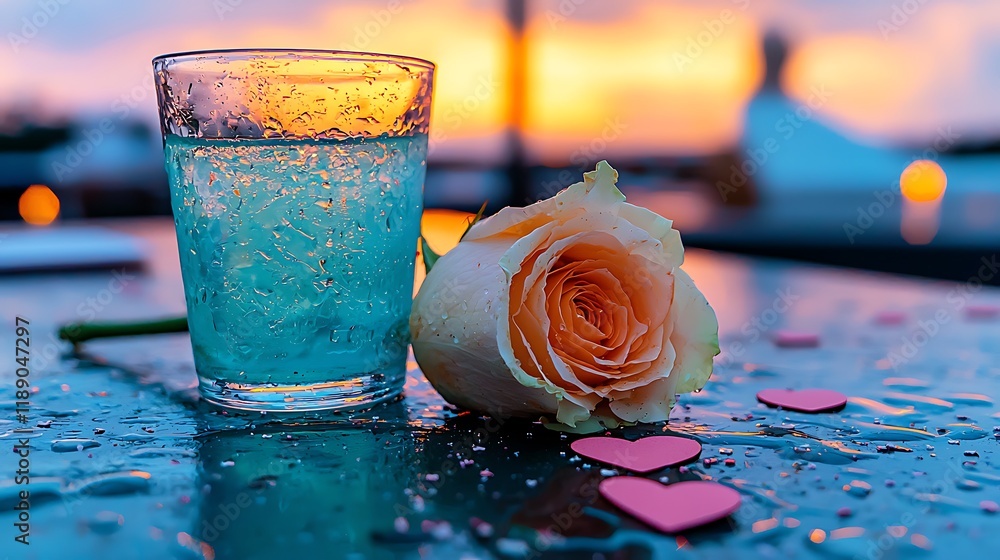 Poster a beautifully set dinner table adorned with a soft rose and refreshing drink, creating an enchanting
