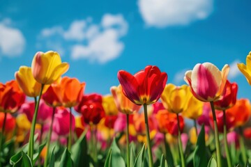 Colorful Tulips Bloom Under a Sunny Sky