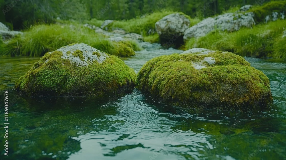 Poster moss-covered rocks in a flowing stream with lush green grass and blurred trees in the background cre