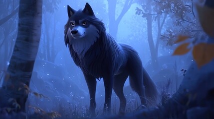 Obraz premium Majestic wolf standing in a mystical, moonlit forest.