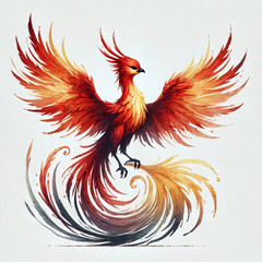 Obraz premium Majestic mythical phoenix bird with elaborate feathers, strong talons, and powerful wings, watercolor clipart illustration. Generative AI.