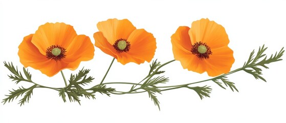 Three orange poppies on a white background
