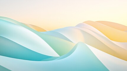 Abstract pastel landscape with soft, flowing hills and gradients of teal, white, and yellow.
