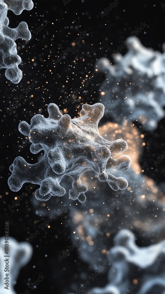 Poster microscopic view of a virus particle in 3d rendering, intricate details of viral structure, nanopart