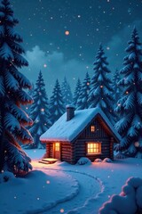 Fototapeta premium Snowflakes dance in the starlight around the cabin, snowflakes, sparkles, cabin