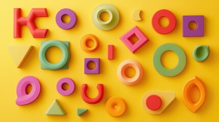 Fototapeta premium Colorful geometric shapes scattered on yellow background.