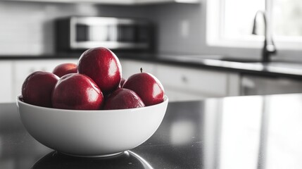 Red apples in a white bowl on a kitchen counter.