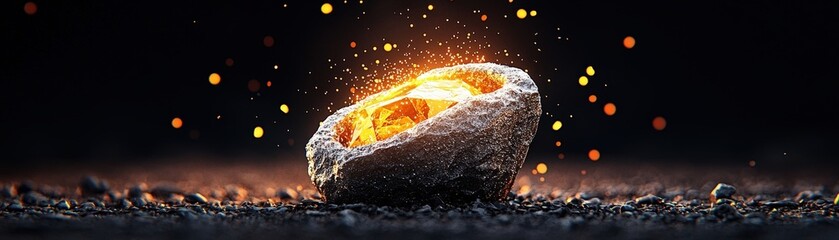 Fototapeta premium Glowing Rock Formation with Sparks and Bright Light on Dark Background at Night