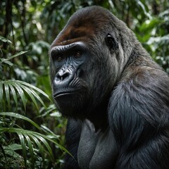 Obraz premium Gorilla in lush tropical rainforest habitat, gorilla, wildlife, nature, tropical, rainforest, jungle, endangered species.