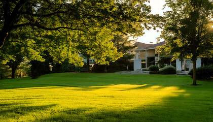 Serene sunset illuminates a lush green lawn, with a modern house subtly nestled amidst leafy trees.  Ideal for real estate, nature, and tranquil lifestyle imagery.