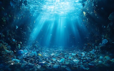 A view of plastic pollution beneath the ocean s surface, floating trash such as plastic bottles and bags, bright underwater light shining through the debrisfilled water