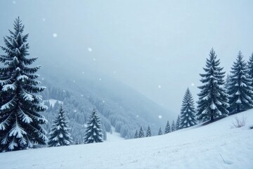 Fototapeta premium Snowflakes gently fall on a frosty landscape of trees and hills, branches, nature, winter