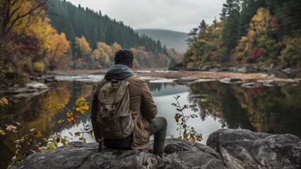 Atmospheric nature scene, hiker sitting on rock overlooking lake, autumn foliage, misty mountains, reflective water, backpack, solitude, tranquil wilderness, earthy tones, photorealistic, high detail,