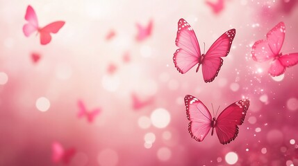 A dreamy scene featuring pink butterflies against a soft, blurred background with bokeh effects.