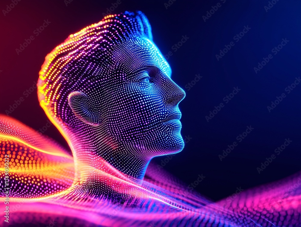 Poster exploring 3d visualization of digital human representation in futuristic virtual environments