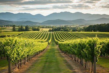 Fototapeta premium Vineyard Rows Stretch Towards Majestic Mountains