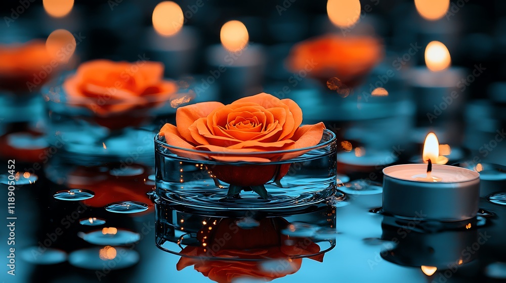 Poster romantic table centerpiece with floating orange roses and candles in a calm ambient setting for a pe