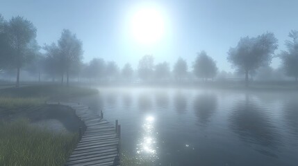 A wooden pier disappearing into the foggy horizon over a calm lake, bathed in the warm hues of a summer sunrise.