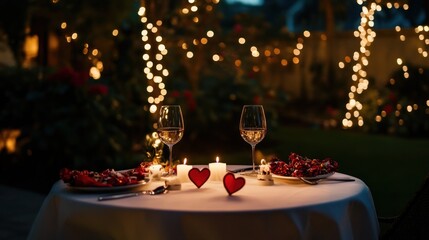Romantic outdoor dinner setting with candles, wine glasses, and heart decorations on a table at night.