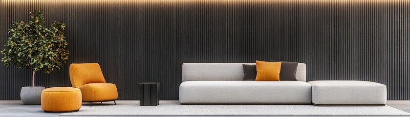 Modern Living Room with Gray Couch, Orange Accent Chair, and Stylish Decor Elements