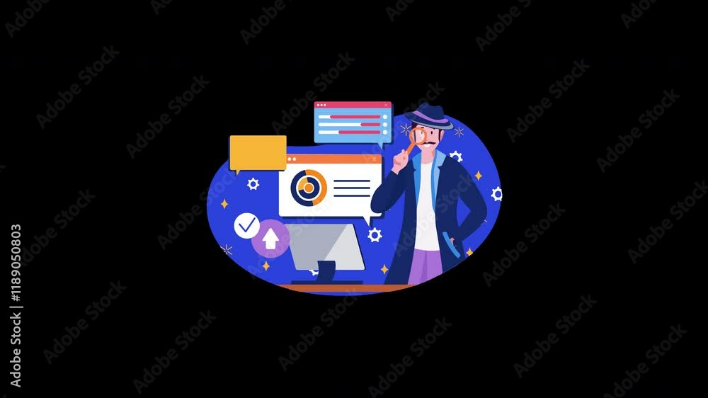 Poster a thoughtful individual in a hat analyzing data on a computer, showcasing a modern digital workspace