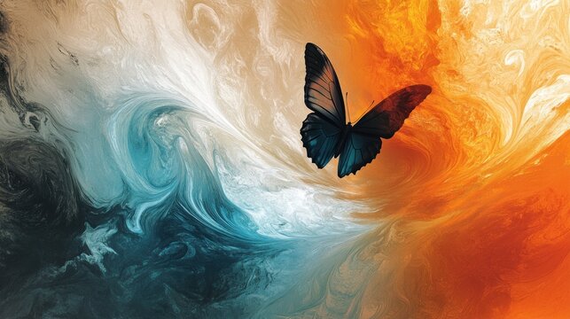 Dark butterfly flying through swirling teal and orange paint.