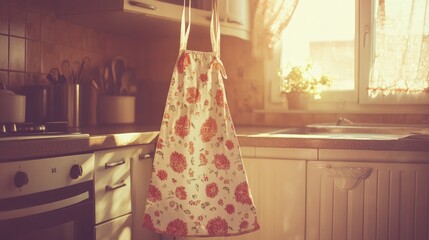 Floral apron hanging in sunny kitchen.