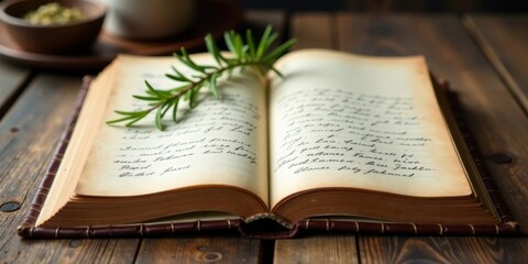 An antique book of handwritten recipes lies open, displaying culinary secrets and a sprig of rosemary rests delicately upon its aged pages.